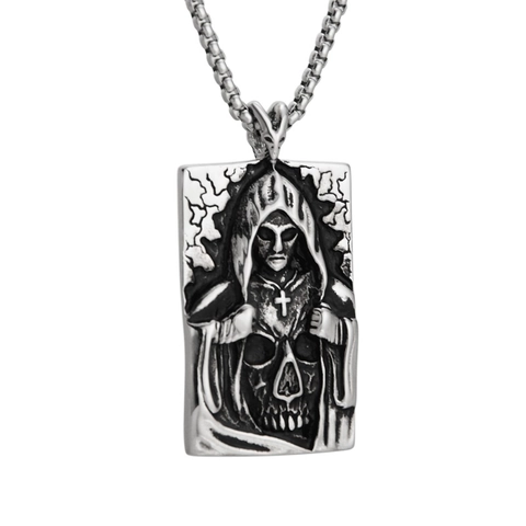 Gothic Grim Reaper Schedel Militaire Tag Titaniumstaal Hanger Ketting Vintage Gezwart Kruis Reliëf Hanger Voor Mannen Vrouwen