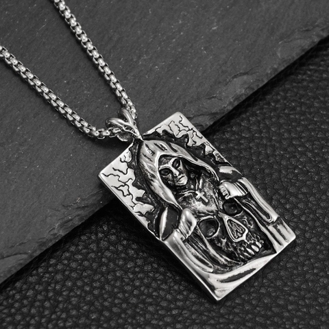 Gothic Grim Reaper Schedel Militaire Tag Titaniumstaal Hanger Ketting Vintage Gezwart Kruis Reliëf Hanger Voor Mannen Vrouwen