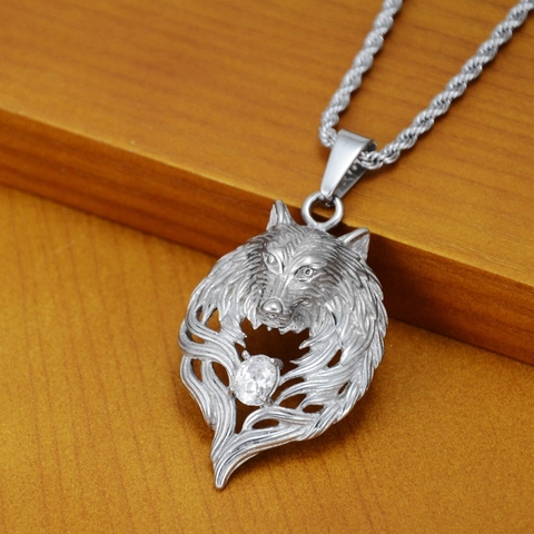 Hip Hop Wolf Head Titanium Steel Pendant Necklace Silver Color Personalized Rhinestone Inlaid Rope Chain For Men Women