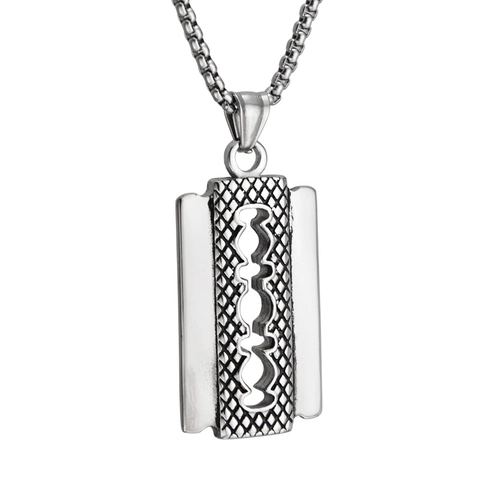 Hip Hop Razor Blade Pendant Necklace For Men Women Titanium Steel Silver Color Diamond Texture Geometric Punk Jewelry Gift