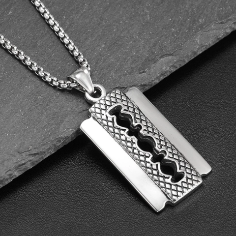 Hip Hop Razor Blade Pendant Necklace For Men Women Titanium Steel Silver Color Diamond Texture Geometric Punk Jewelry Gift