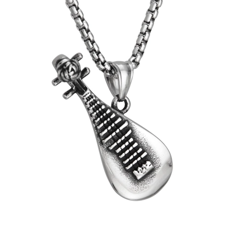 Hip Hop Individual Titanium Steel Pipa Musical Instrument Pendant Necklace With Rose For Men Women Punk Jewelry Silver