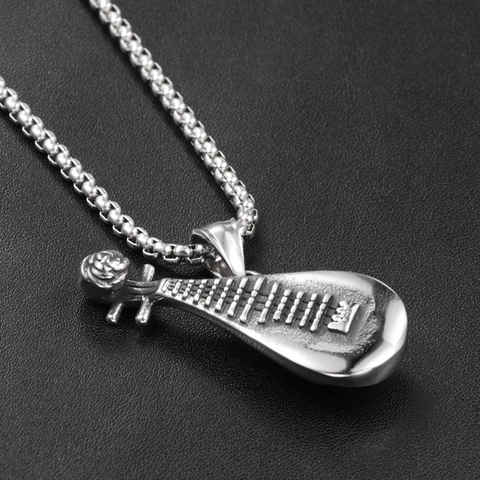 Hip Hop Individual Titanium Steel Pipa Musical Instrument Pendant Necklace With Rose For Men Women Punk Jewelry Silver