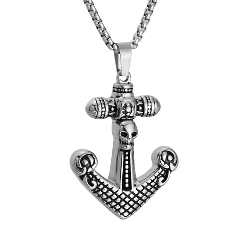 Vintage Punk Stainless Steel Skull Anchor Pendant Necklace For Men Women Hip Hop Gothic Jewelry Retro Silver Anchor Necklace