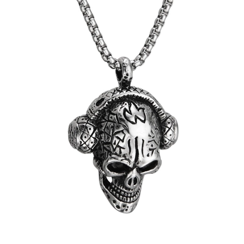 Collana con Ciondolo a Teschio con Cuffie in Acciaio al Titanio Hip Hop Punk Argento Vintage Gioielli Streetwear Uomo Donna