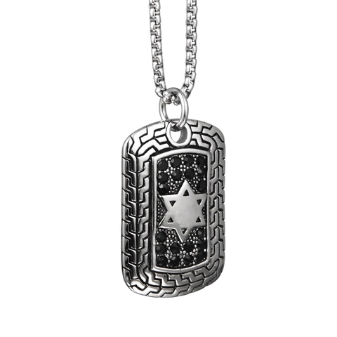 Hip Hop Edelstahl Hexagramm Quadratischer Anhänger Halskette Retro Punk Davidsstern Strass Militärkarte Schmuck Für Herren