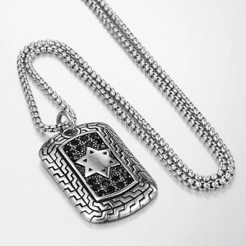 Hip Hop Edelstahl Hexagramm Quadratischer Anhänger Halskette Retro Punk Davidsstern Strass Militärkarte Schmuck Für Herren