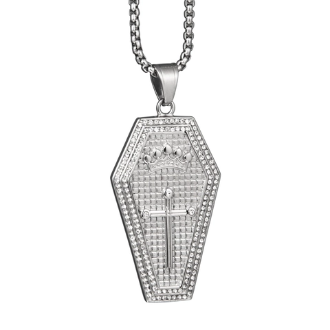 Collier Pendentif Cercueil Croix Couronne en Acier Inoxydable Gothique Hip Hop Bijoux Incrustés de Strass pour Hommes Femmes