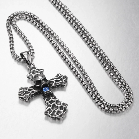 Gothic Punk Skull Cross Pendant Necklace Stainless Steel Molten Lava Texture Zirconia Antique Silver Hip Hop Jewelry Men Women