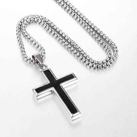 Collana con Ciondolo a Croce in Acciaio al Titanio Hip Hop Stile Punk Minimalista Gioielli Unisex Tonalità Argento Intarsio Nero Catena Veneziana Accessori per Feste
