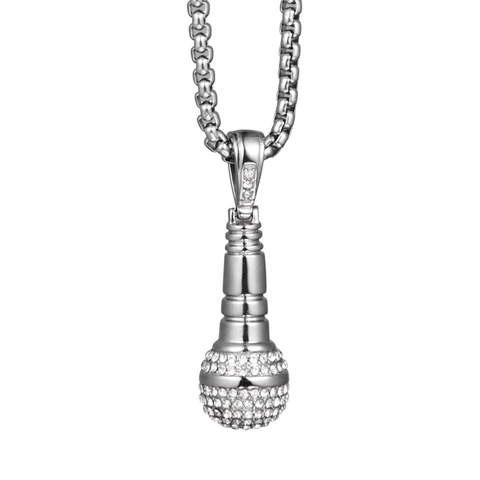Hip Hop Kreatives Mikrofon Anhänger Halskette Titanstahl Volle Strass Eingelegter Schmuck Für Musikliebhaber Herren Damen