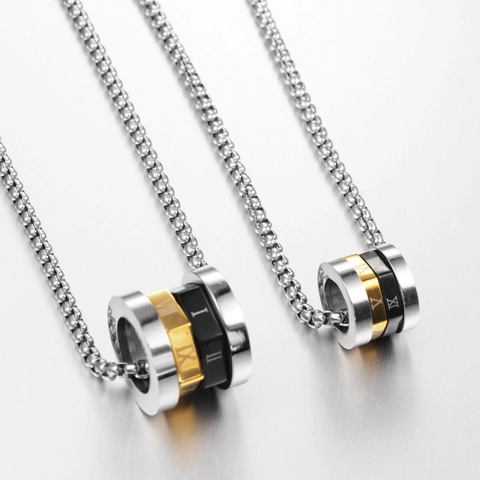 Hip Hop Titanium Steel Necklace Roman Numeral Cylinder Pendant For Men Women Modern Triple Layered Metallic Fashion Jewelry
