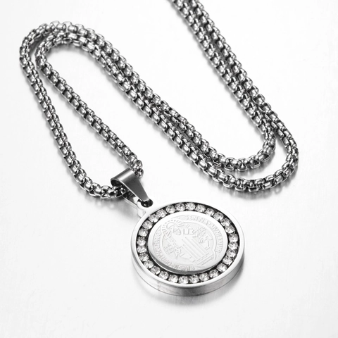 Hip Hop St Benedict Medal Pendant Necklace For Men Women Stainless Steel Rhinestone Religious Round Coin Necklace Gold Silver Jewelry