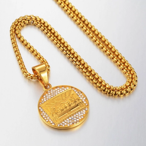 Gouden Roestvrij Stalen Het Laatste Avondmaal Hanger Ketting Religieuze Ronde Reliëf Strass Ingelegde Box Ketting Sieraden
