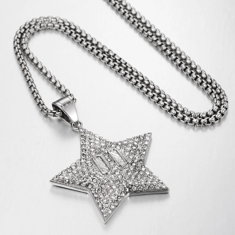 Collana con Pendente a Stella Hip Hop in Acciaio al Titanio con Strass Pendente a Stella a Cinque Punte Gioielli per Uomo Donna