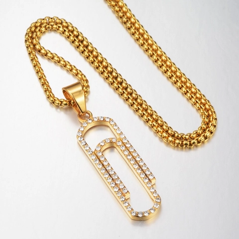 Collana Hip Hop in Acciaio al Titanio Con Ciondolo a Graffetta Placcato Oro Strass Spilla da Balia per Uomo Donna Gioielli