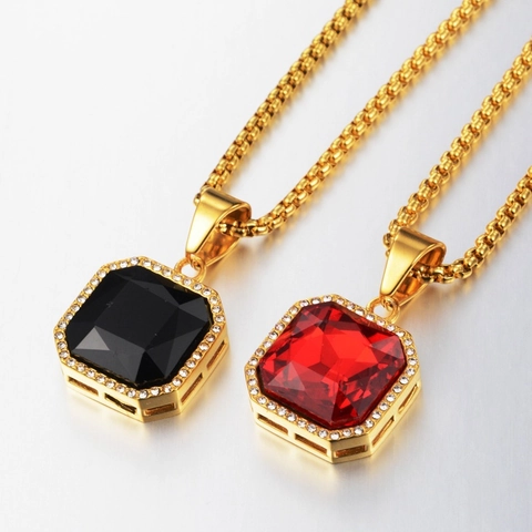 Hip Hop Titanium Steel Necklace For Men Women Gold Plated Square Large Gemstone Pendant Necklace Rhinestone Halo Jewelry