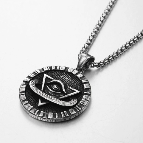Retro Titaniumstaal Alziend Oog Rond Medaillon Hanger Halsketting Hip Hop Driehoek Oog Munt Ketting Voor Heren Dames Sieraden
