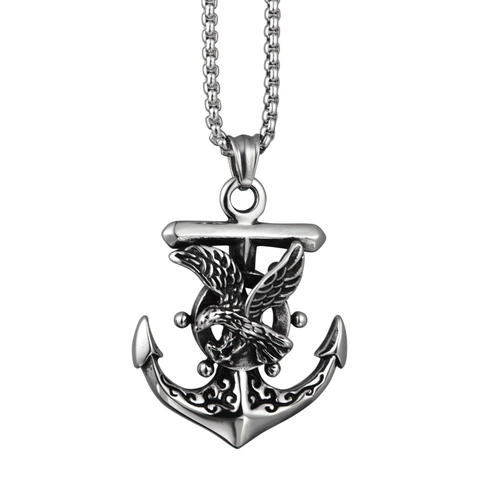 Vintage Hip Hop Titanium Steel Eagle Anchor Pendant Necklace Retro Punk Distressed Stainless Steel Metal Jewelry For Men