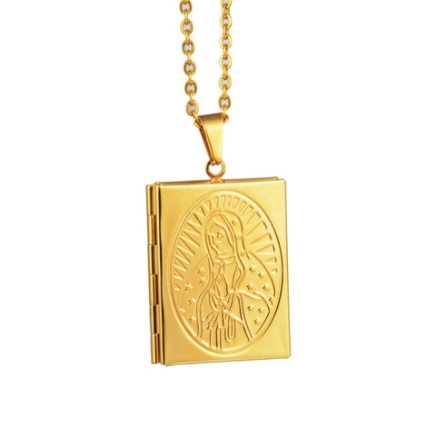 Virgin Mary Book Locket Pendant Necklace Stainless Steel Hip Hop Religious Commemorative Jewelry Gold Silver For Men Women