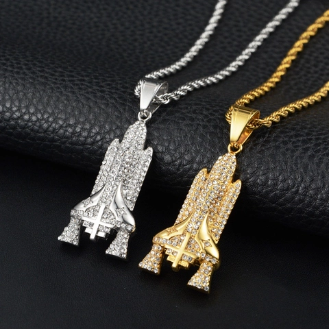 Hip Hop Space Shuttle Rocket Pendant Necklace For Men Women Stainless Steel Iced Out Rhinestone Personalized Jewelry Gift