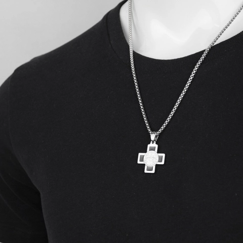 Vintage Edelstahl Benediktus Kreuz Anhänger Halskette Für Herren Damen Religiöser Schmuck Mit Box-Kette Schwarze Emaille