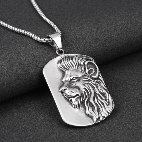 Hip Hop Retro Lion Head Relief Pendant Necklace For Men Women Titanium Steel Rectangular Tag Punk Jewelry Cool Party Accessory