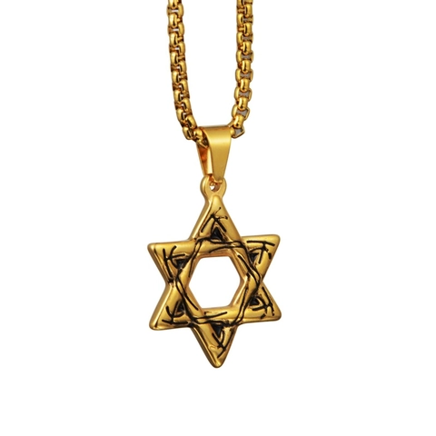 Collana Con Pendente Stella di David in Acciaio al Titanio Oro Esagramma Cavo Con Spine Gioielli Hip Hop Punk Unisex