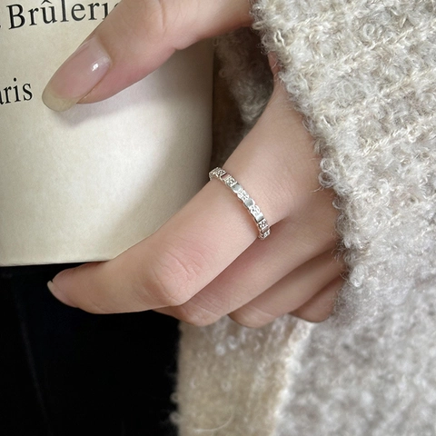 Anillo Ajustable Abierto Cuadrado De Cobre Plateado Con Textura De Lava Minimalista Para Mujer Joyería De Dedo