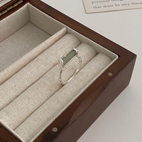 Vintage Chinese Stijl Bamboeknoop Open Ring Groene Nefriet Jade Steen Zilver Verguld Koperen Sieraden Voor Dames