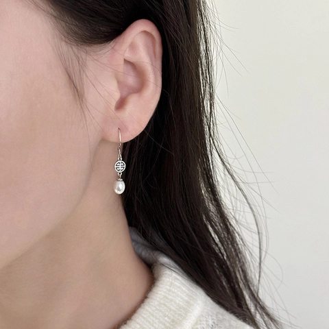Vintage Copper Drop Earrings For Women With Artificial Pearl And 925 Sterling Silver Hook Thai Silver Elegant Hollow Jewelry