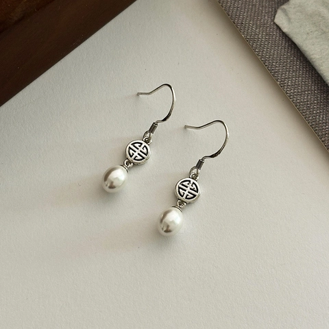 Vintage Copper Drop Earrings For Women With Artificial Pearl And 925 Sterling Silver Hook Thai Silver Elegant Hollow Jewelry