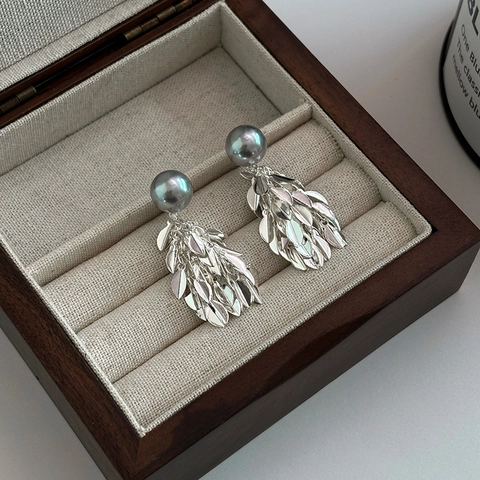 Koreanische Leichte Luxus Quaste Flügel Künstliche Perle Ohrstecker Kupfer Galvanisiert Minimalistische Blatt Ohrhänger Für Damen Schmuck