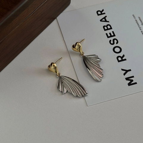 Orecchini a Goccia Francesi Vintage Cuore Ala per Donna Galvanizzato Rame Bicolore Oro Argento Minimalista Nicchia Gioielli Orecchini
