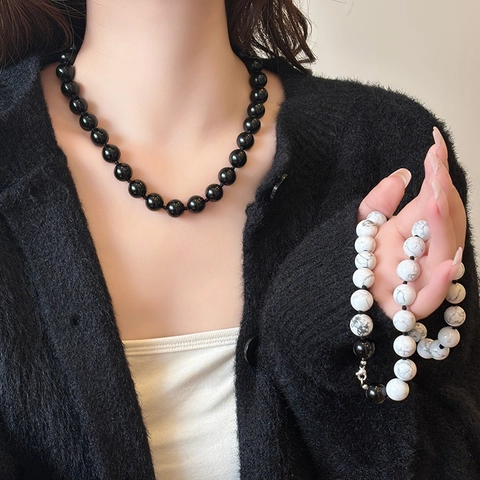 Elegante Beaded Halskette Kupfer Für Damen Minimalistisch Synthetischer Schwarzer Achat Weißes Türkismuster Schlüsselbeinkette