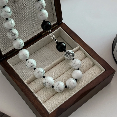 Elegante Beaded Halskette Kupfer Für Damen Minimalistisch Synthetischer Schwarzer Achat Weißes Türkismuster Schlüsselbeinkette