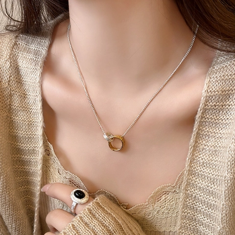 Elegante Ketting Met In Elkaar Grijpende Dubbele Ringen Arabesque Patroon Gehamerd Koper Tweekleurig Goud Zilver Verguld Sieraden Voor Dames