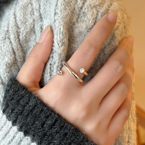Minimalistischer Doppelschichtiger Offener Ring Für Damen Versilbertes Kupfer Strass Verstellbarer Fingerring Schmuck Geschenk