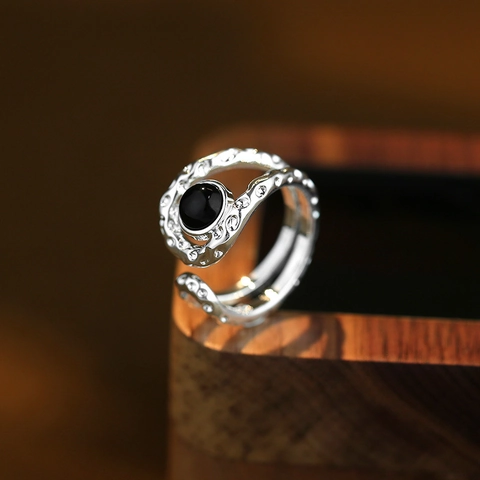 Vintage Koper Verzilverde Lava Textuur Open Ring Zwarte Agaat Minimalistisch Geometrisch Verstelbare Vingerring voor Dames