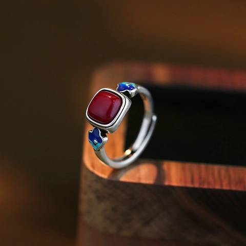 New Chinese Vintage Red Agate Ring Thai Silver Plated Copper Enamel Flower Design Adjustable Open Band Ring For Women Ethnic Jewelry