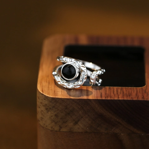 Vintage Koper Verzilverde Lava Textuur Open Ring Zwarte Agaat Minimalistisch Geometrisch Verstelbare Vingerring voor Dames