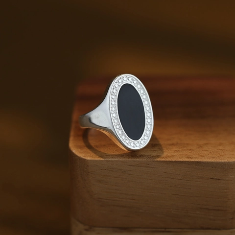 Minimalist Oval Black Enamel Rhinestone Open Ring For Women Electroplated Copper Silver Color Geometric Adjustable Finger Ring