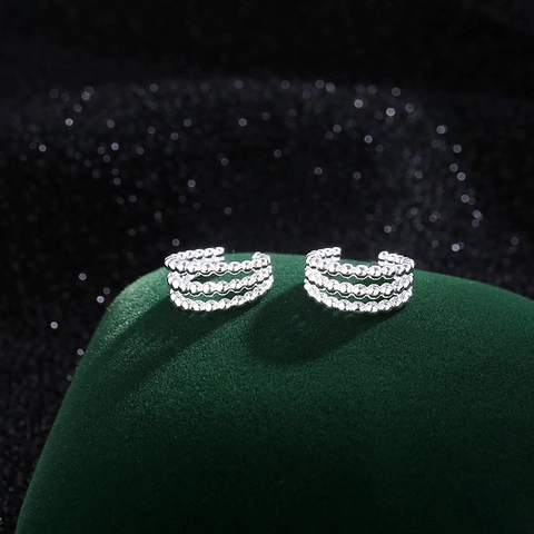 Minimaliste Argenté Cuivré Perlé Ear Cuff Triple Couche Rond Sans Piercing Créole Clip d'Oreille Pour Femme Bijoux