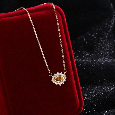 Collana Con Ciondolo Malocchio In Pietra Occhio Di Tigre Vintage Francese Per Donna Gioielli In Rame Placcato Oro Con Strass