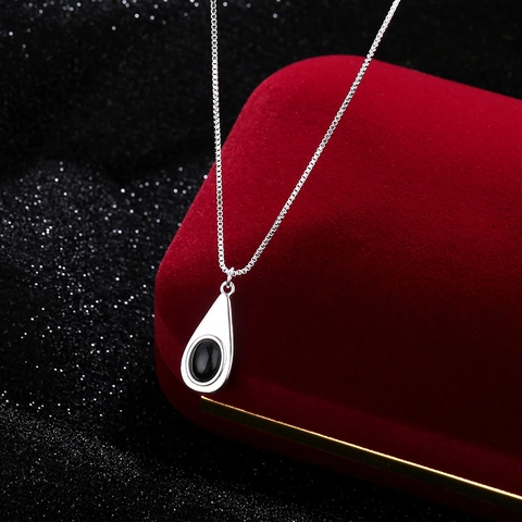 Collar con Colgante de Gota de Agua de Cobre Minimalista para Mujer Plateado Ágata Negra Calcedonia Blanca Joyería