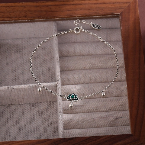 New Chinese Style Green Lotus Charm Anklet Thai Silver Plated Copper Round Bead Foot Chain Retro Ethnic Jewelry For Women