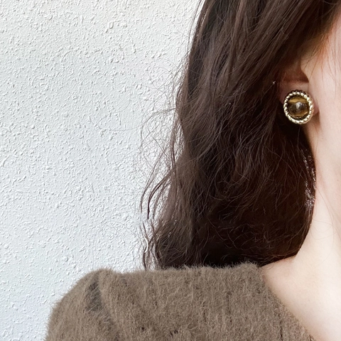 Orecchini a Bottone Tondi Intrecciati in Pietra Occhio di Tigre Vintage Francese Rame Placcato Oro Gioielli da Donna Eleganti