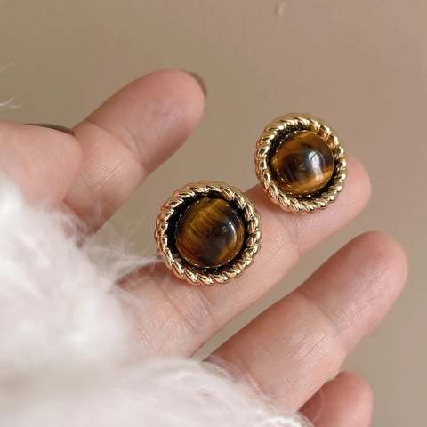 Orecchini a Bottone Tondi Intrecciati in Pietra Occhio di Tigre Vintage Francese Rame Placcato Oro Gioielli da Donna Eleganti