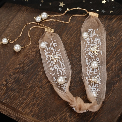 Copricapo da Sposa in Maglia Caffè Con Perla Artificiale Strass Fiore Fiocco Fascia per Capelli Gioielli da Matrimonio Accessori