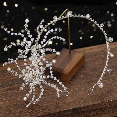 Copricapo da Sposa Argento con Cristalli Strass e Perle Artificiali per Matrimonio Festa Donna Gioielli